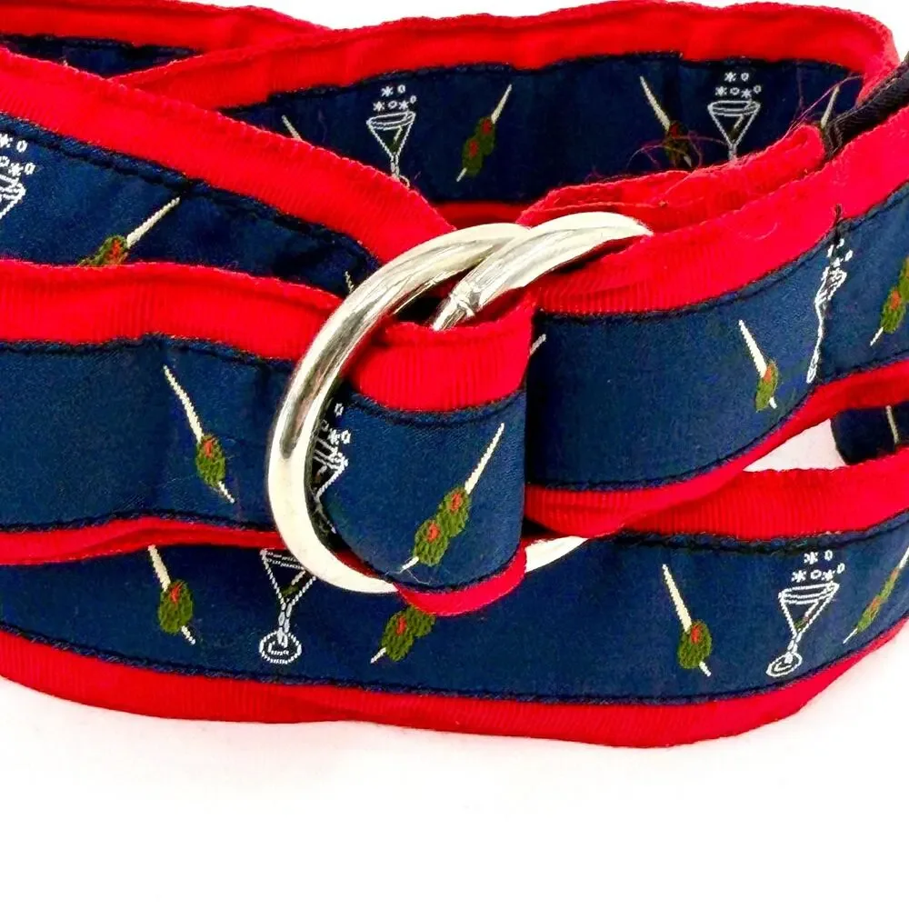 CK Bradley Navy Red Martini Olive Print Ribbon D-Ring Belt